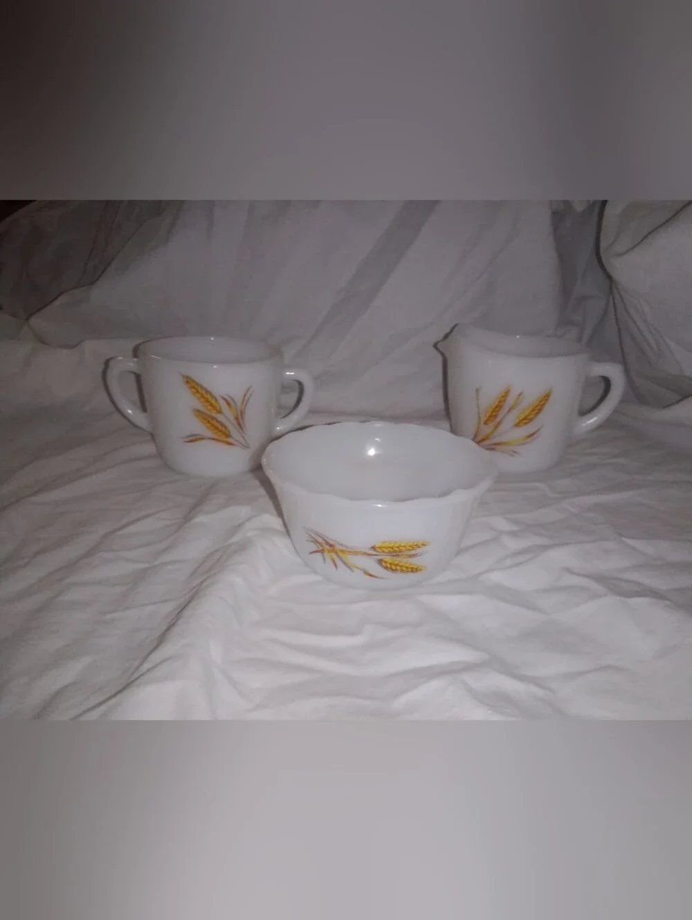 Vintage Fire King Golden Wheat Glass Sugar Bowl Creamer Custard Bowl Retro